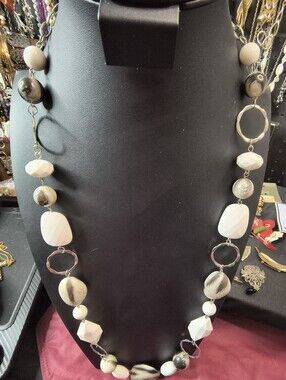 JoAnn She JS Signed 29 in Long Station Necklace Black Ivory Silver Tone